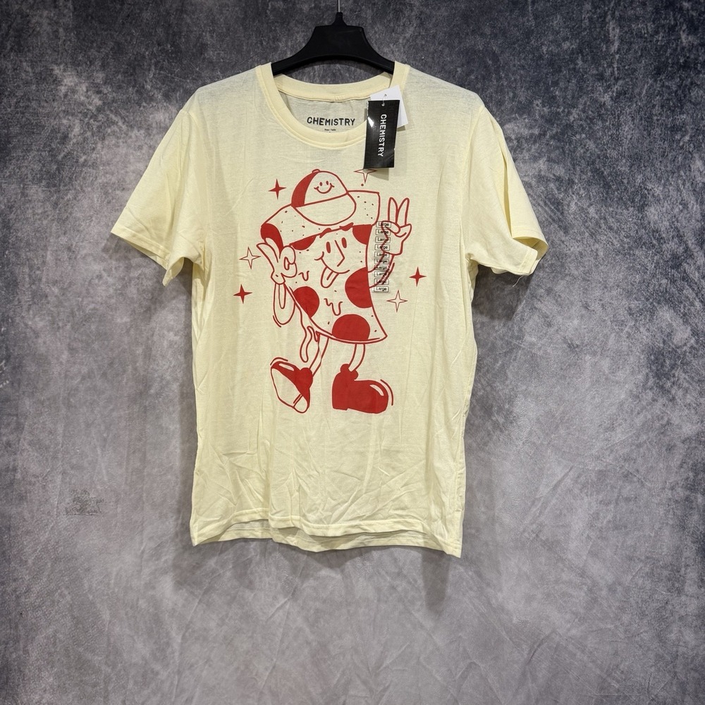 Men's Slim Size L Red Smiling Pizza Man Cream Short Sleeve Crew Tee Shirt.